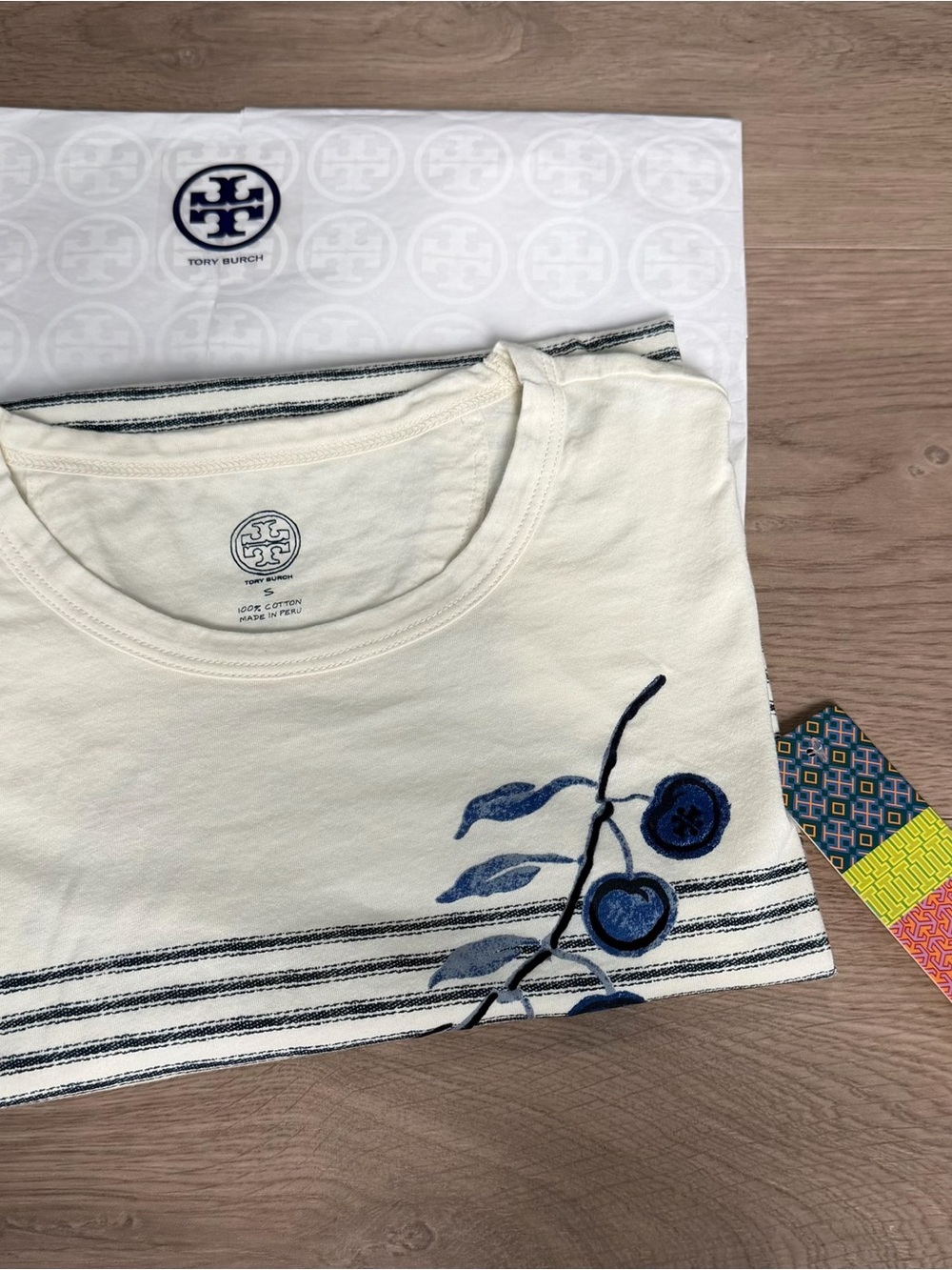 Tory Burch Cream Short-Sleeve Tee with Blue Botanical Print